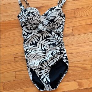 Kids Black and White Leaf Print Swimsuit